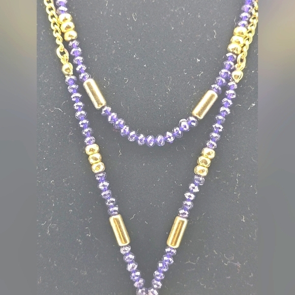 Vintage Amber Teardrop with Gold Tone Leaves and Blue Beads Necklace - Picture 4 of 5